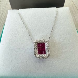 Effy 9 Rubies Diamonds Pendant 14K White Gold Necklace NEW